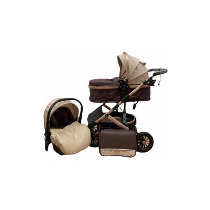 Количка 3 в 1 реверсивна с кошница за кола и чанта, 0-36 месеца, Крем - CPC-10-крем