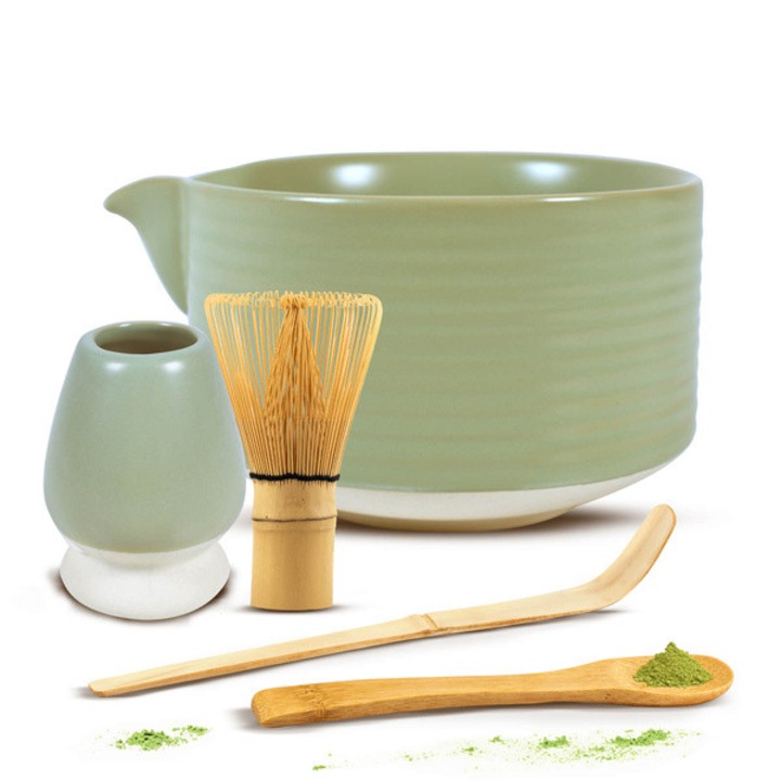 Matcha Set Traditional, Cebador, Ceramic Bol Verde 500 ml, Accesorii Ceai Chasen, Bat Bambus Pentru Mixat