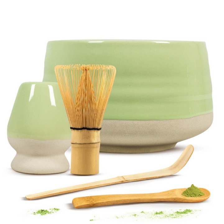 Matcha Set Traditional, Cebador, Ceramic Bol Verde Deschis 450 ml, Accesorii Ceai Chasen, Bat Bambus Pentru Mixat