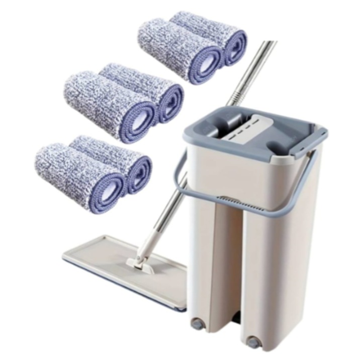 KING lapos felmosó vödör kicsavaróval szett, 2 rekesz érintésmentes mosáshoz és szárításhoz + 6 db újrafelhasználható mikroszálas kendő, szürke