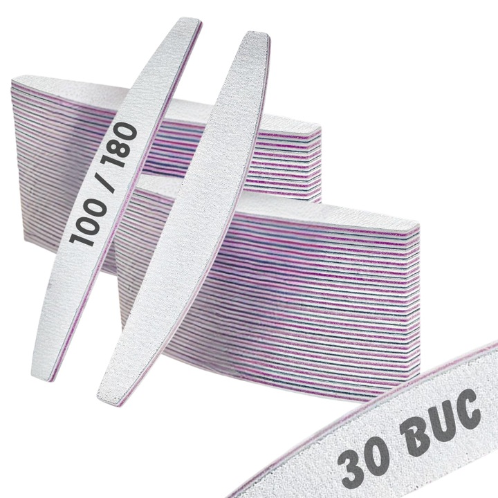 Set 30 Bucati Pile Unghii Profesionale LEWER®️, Refolosibile cu Granulatie Dubla 100/180 Design Boat / Semiluna Zebra pentru Modelare, Finisare si Intretinere Unghii Naturale si Artificiale Manichiura Pedichiura, Miez Acrilic, EVA, Gri / Violet