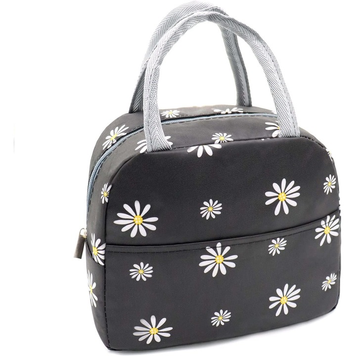 Geanta termo-izolanta, model floral, dimensiuni 9x6x7.9in, reutilizabila, pentru pranz, picnic, cumparaturi