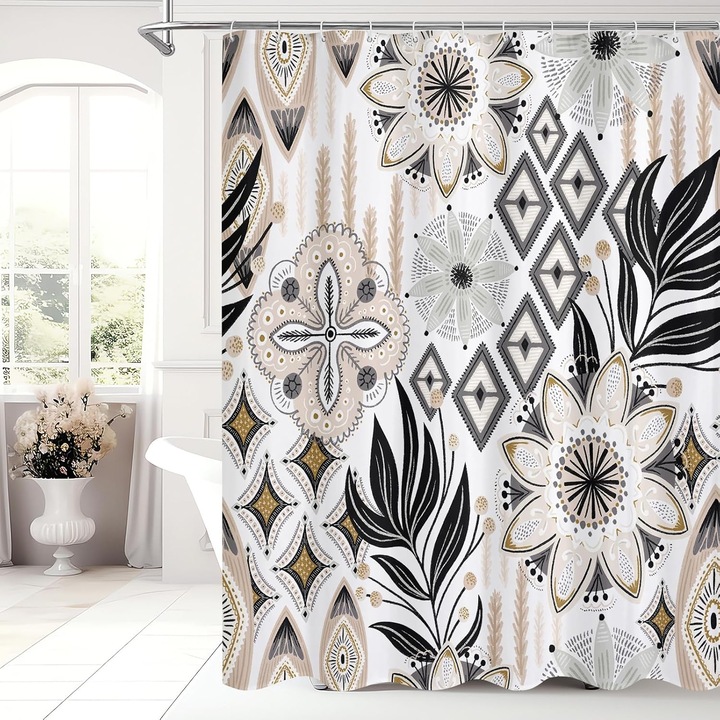 Cortina de dus boho floral, 72x72in, multicolor, design special, material impermeabil