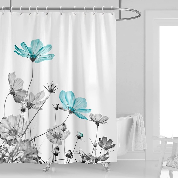 Cortina de dus set, floral, 152x183cm, teal, 12 carlige plastice