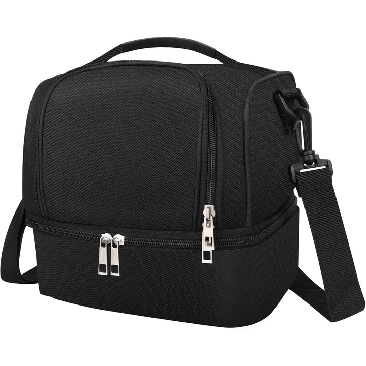 Geanta termo-izolanta pentru pranz, neagra, 25x17x23cm, cu curea ajustabila, pentru birou si picnic