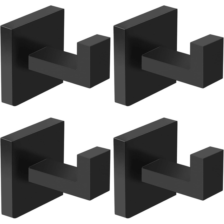 Set 4 suporturi prosoape din otel inoxidabil, design patrat, finisaj negru mat, dimensiuni 2x2.7x1.7in, pentru baie, living, dormitor, bucatarie.