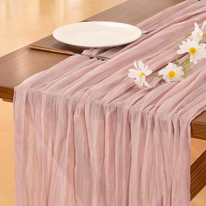 3 darab púderrózsaszín asztalterítő szett 90x300cm, rusztikus boho sajtkendőből