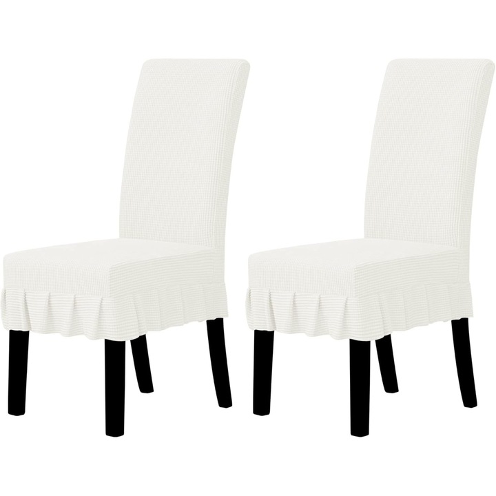 Huse scaune extensibile, set 2 bucati, crem, pentru scaune cu spatar inalt, material elastic, model cu pliuri