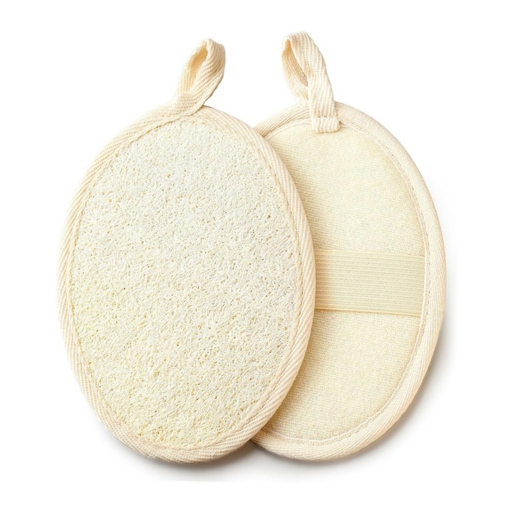 Négy darabos hámlasztó fürdő luffa szivacs készlet, Mély bőrtisztítás, Puha és kényelmes, Környezetbarát, Újrafelhasználható, Kicsi és hordozható, Használható kempingezéshez, spa-hoz, konyhához, 9cm x 14cm, Vanaxalife®, Bézs