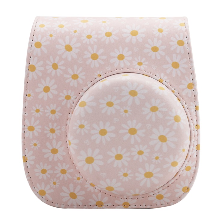 Husa de protectie pentru camera Fujifilm Instax Mini 8/9/11/12, roz, din piele PU, cu curea ajustabila, cu buzunar pentru fotografii