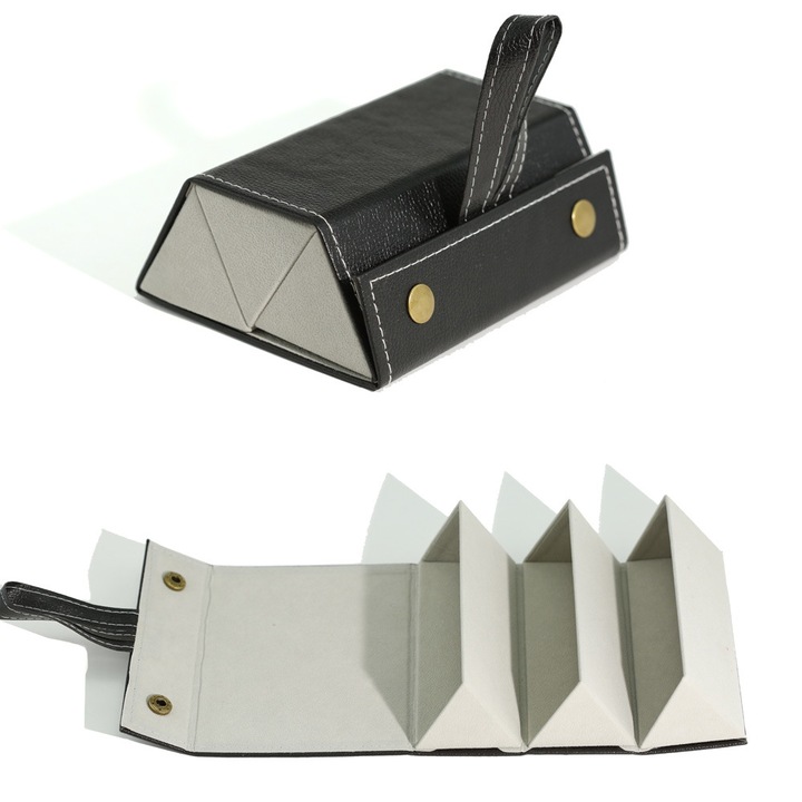 Husa de ochelari, pliabila, 3 compartimente, piele, negru