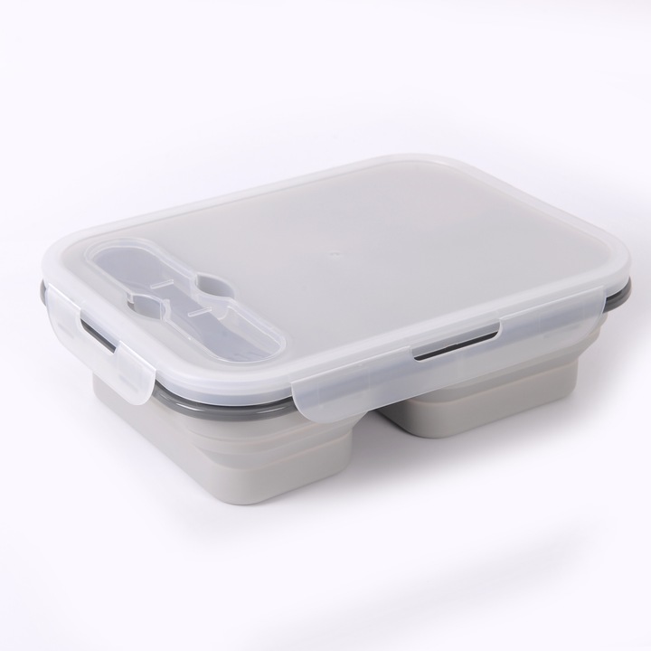 Cutie alimentara pliabila din silicon cu 3 compartimente, capacitate mare, gri, rezistenta la scurgeri