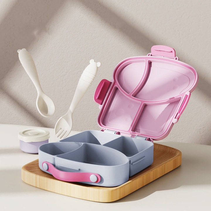Cutie alimentara plastica pentru pranz cu furculita, lingura si recipient pentru sos, Taro Purple, 4 compartimente, rezistenta la microunde