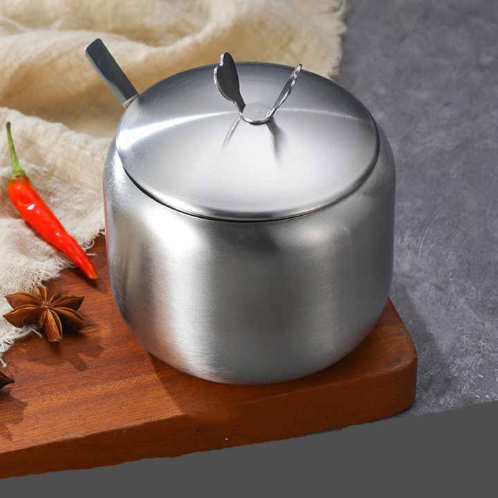 Borcan condiment din otel inoxidabil, cu capac si lingurita, argintiu, 3.74x4.33 inch