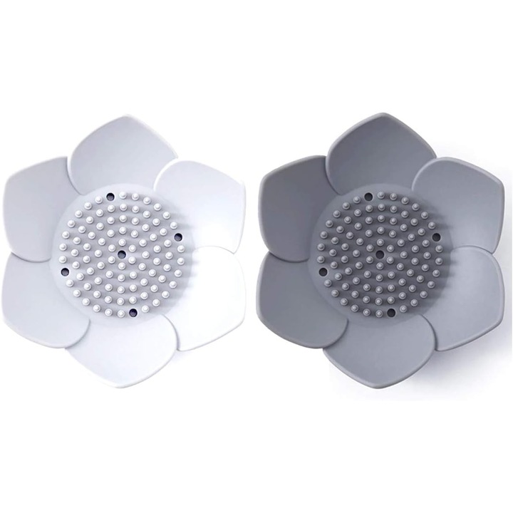 Suport pentru sapun din silicon, design floare de lotus, set 2 piese, gri si alb murdar