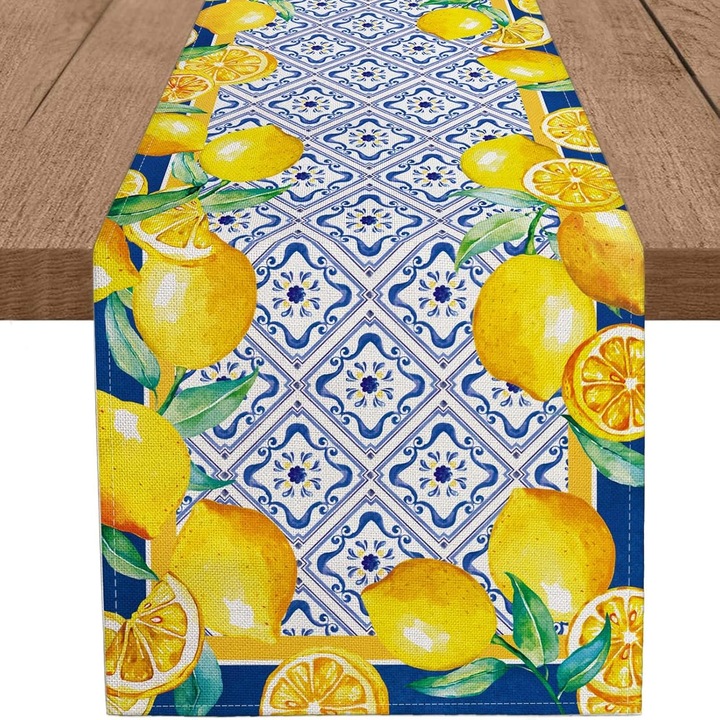 Asztalterítő, citrom mintás, juta, sárga, 33x274cm
