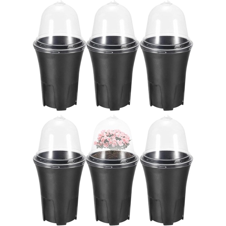 Set 6 ghivece pentru plantare, recipiente verzi pentru plante, cupole ventilate, kit pentru rasaduri, culoare neagra