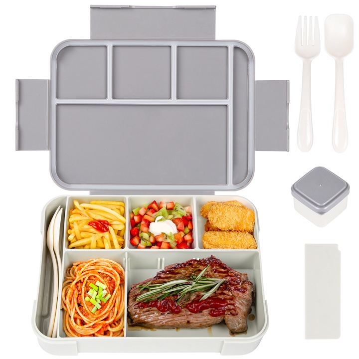 Cutie alimentara pentru copii, set bento rectangular, cu tacamuri si separator, rezistent la scurgeri, gri