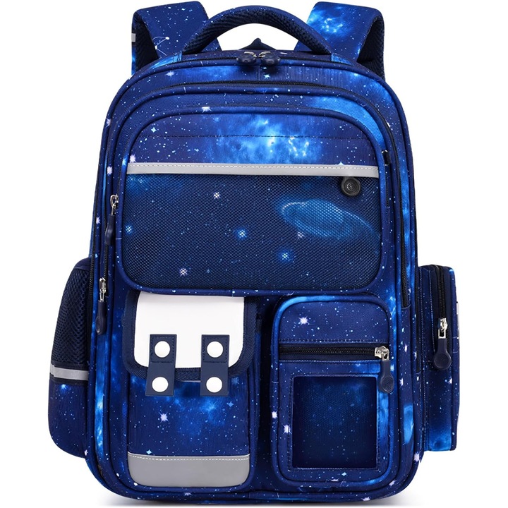 Ghiozdan ergonomic pentru scoala, 30x20x42cm, impermeabil, cu multiple compartimente, albastru, capacitate 25L, pentru baieti 6-12 ani.