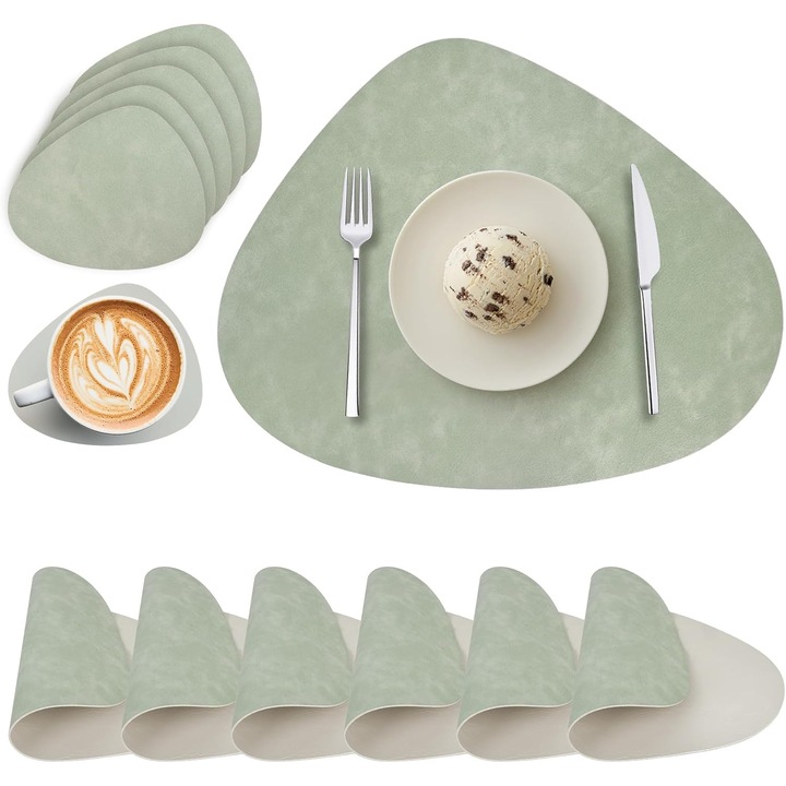 Set 6 servete si suporturi de pahare, placemats din piele ecologica, reversibile, rezistente la caldura, 41.5x33cm, 14x11.5cm, verde, alb, ivory