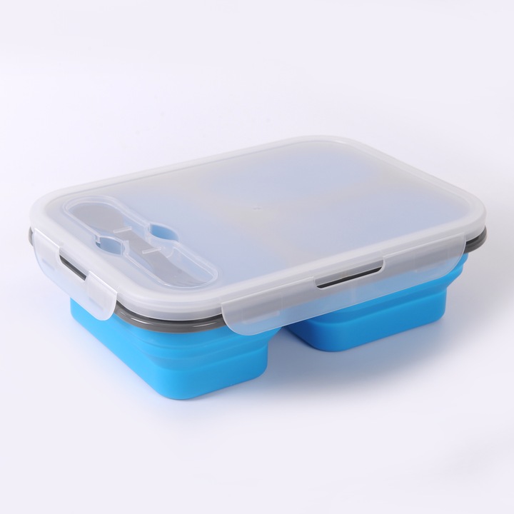 Cutie alimentara pliabila din silicon cu 3 compartimente, capacitate mare, rezistenta la scurgeri, albastra, 1/3 dimensiune originala