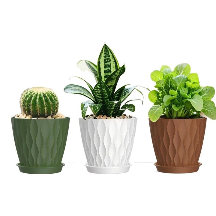 Set de 3 ghivece din plastic pentru plante de interior, cu funduri perforate si farfurii, alb, verde militar, maro inchis