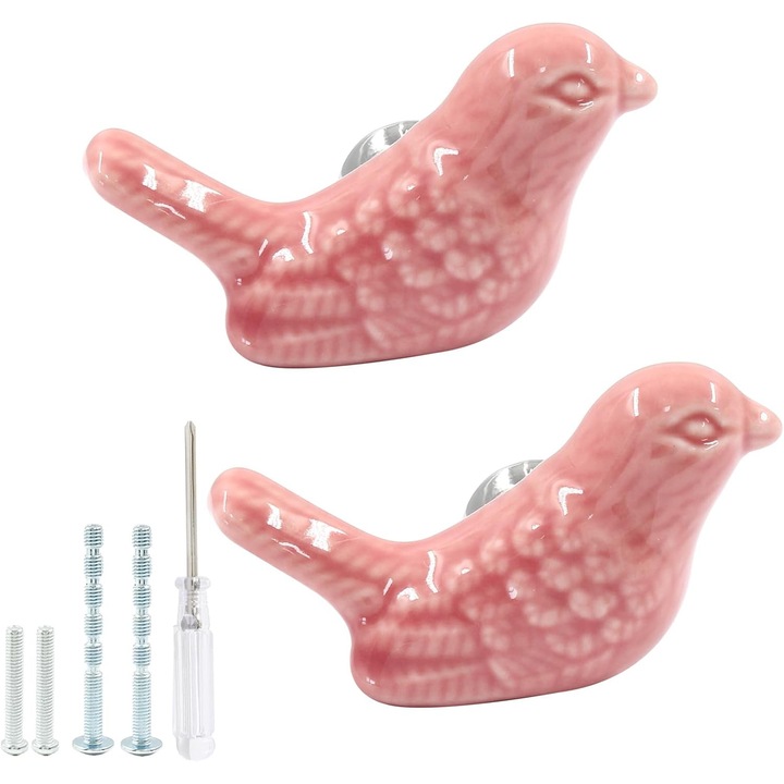 Set 2 butoane ceramice in forma de pasare, roz, 55x32x33mm
