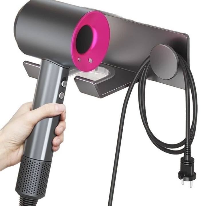 Suport perete pentru uscator de par, inox SUS-304, design modern, autoadeziv, dimensiuni mici.