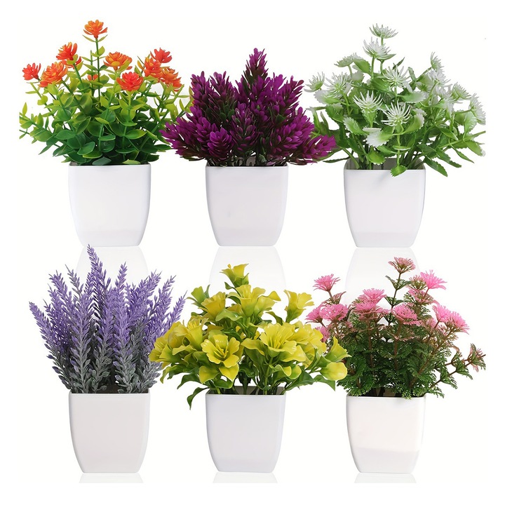 Set 6 plante artificiale in ghiveci, decor interior, 7 inch, multicolor