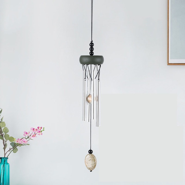 Clopot de vant mini din lemn solid si aluminiu, design special, 4 tuburi metalice, verde, decorare interioara/exterioara