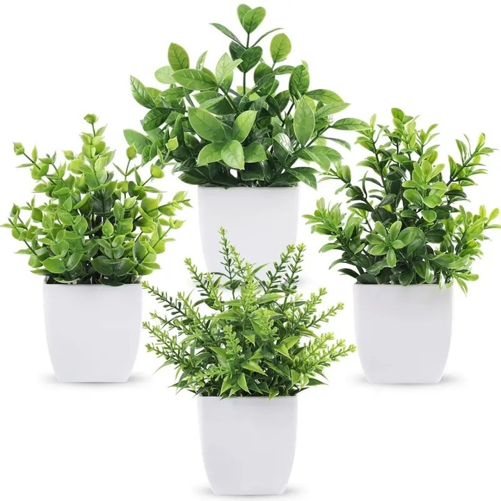 Set de 4 plante artificiale in ghiveci, decor interior, dimensiuni 18x13cm, ceramica, plastic ecologic