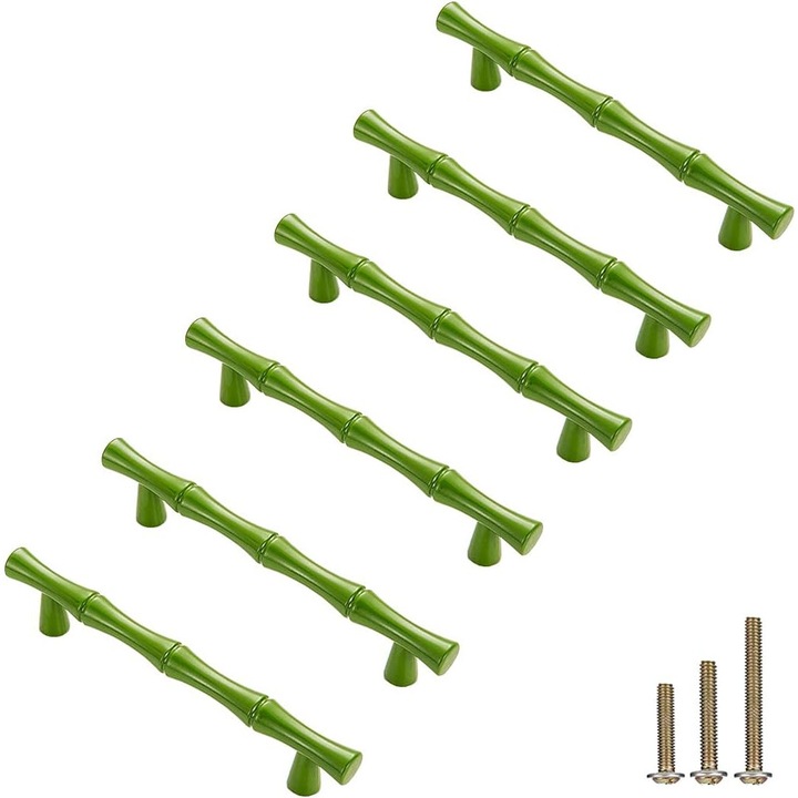 Set 6 manere din aliaj de zinc solid, forma de bambus, 12.4 cm lungime, 9.7 cm distanta intre gauri, verde