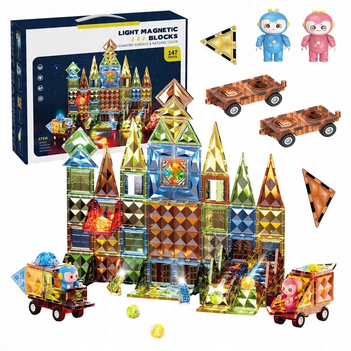 Комплект магнитни светещи блокчета за деца, превозни средства, фигурки, LED комплект, 147 части