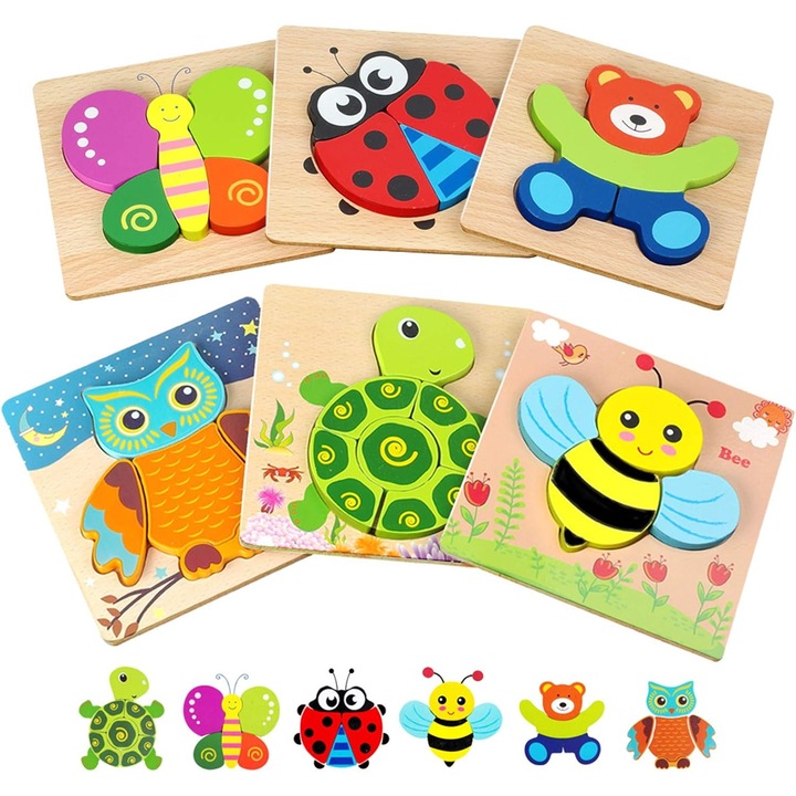 Puzzle din lemn cu animale, set 6 in 1, educativ, multicolor, pentru copii 1-3 ani