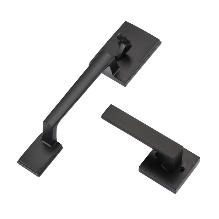 Maner usa, negru mat, set maner exterior si levier interior, design modern, dimensiuni standard