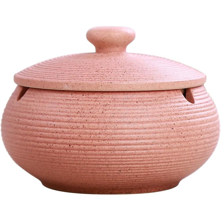 Scrumiera ceramica cu capac, design rezistent la vant, roz, 11.4cm