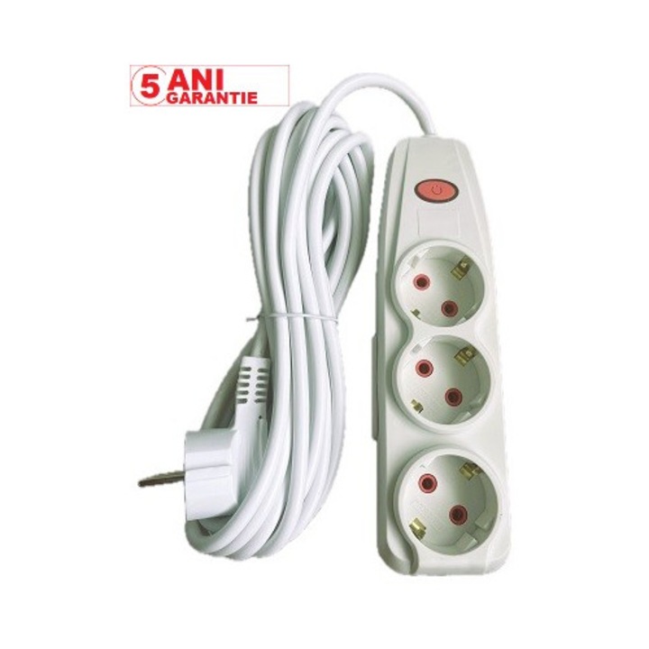 KLAUS Prelungitor 3 prize, cablu 3m, 3x1.0mm Alb cu intrerupator si protectie copii