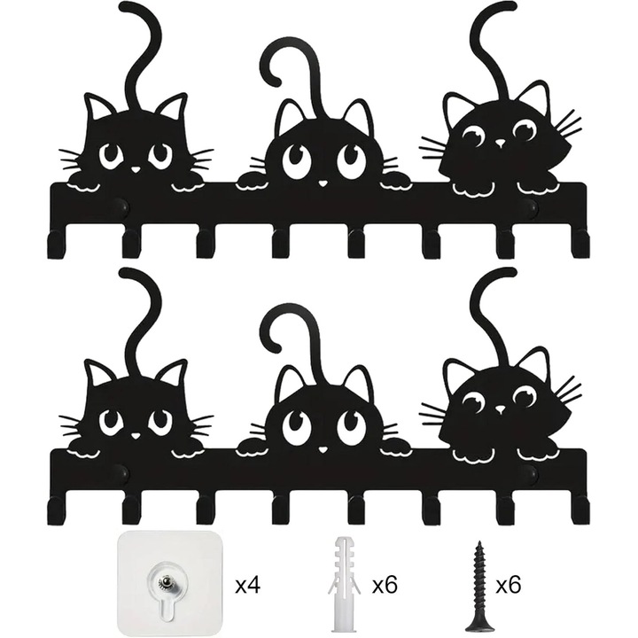 Set de 16 cuiere metalice pentru perete, tema pisici, pentru haine, prosoape si palarii, multicolor, usor de instalat