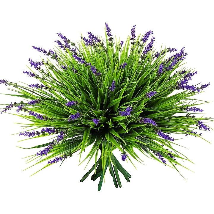 Set 10 buchete iarba artificiala cu flori, UV rezistent, lavanda, dimensiune ajustabila