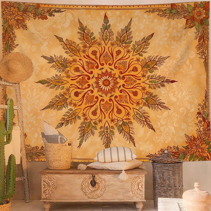 Tapiterie de perete Boho Mandala floral, design vintage, portocalie-aurie, 150x130cm