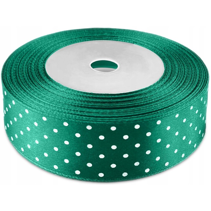 Rola de Tasiemka Satynowa Verde cu Puncte Albe, 25mm x 22m, Set Ambalaje Cadouri