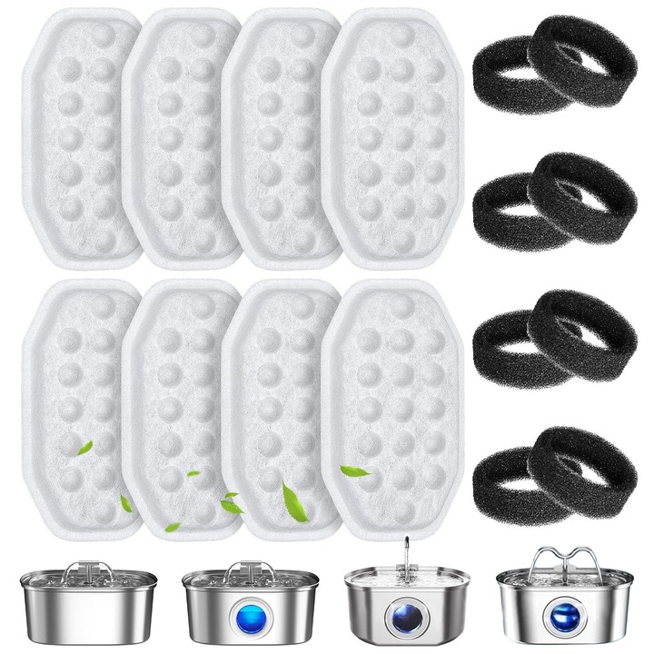 Filtre pentru fantana de apa pentru animale, set 8 piese, din bumbac, rasina si carbon activ, pentru apa curata si proaspata