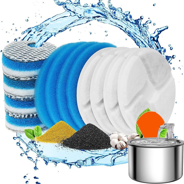 Set de 4 piese fantana de apa pentru pisici cu circulatie automata, filtru din bumbac, material non-woven, dimensiuni variate