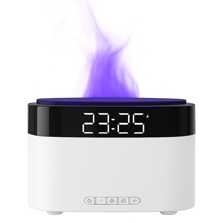 Difuzor de Arome Radolin™ AromaFlame, Aromaterapie, Umidificator cu Uleiuri Esentiale, Ceas Digital, Afisaj LED, Efect Flacara 7 Culori, Temporizator, Capacitate 200ml, pentru Casa, Birou, Dormitor, Idee de cadou, Cablu USB, 18x11x8 cm