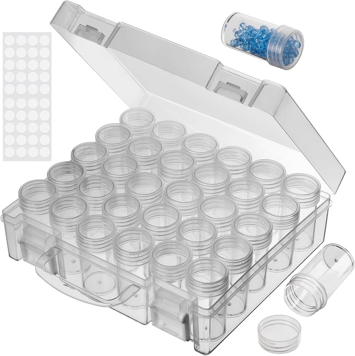 Cutie depozitare, 30 compartimente, plastic transparent, 17x15x5.2cm, set cu etichete