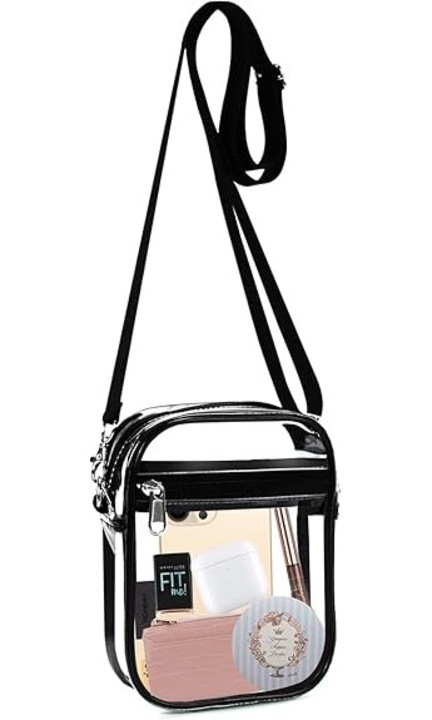 Geanta transparenta crossbody, aprobata pentru stadioane, cu buzunar frontal, 25x55cm