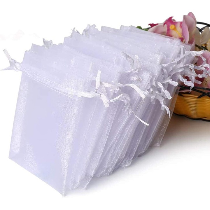 Set de 100 pungi transparente din organza, alb, 10x12cm