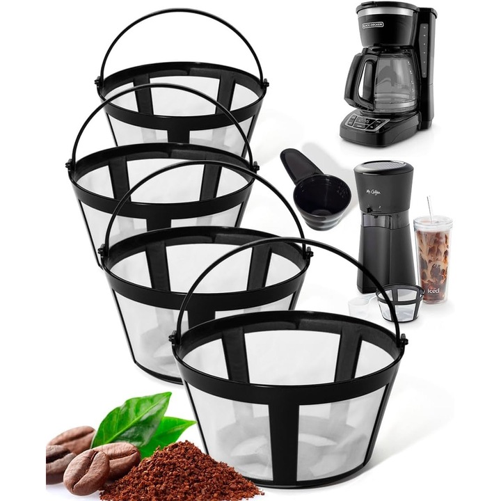 Set de 4 filtre de cafea reutilizabile pentru aparate de cafea 8-12 cani, usor de curatat, compatibile cu Mr. Coffee, Black & Decker