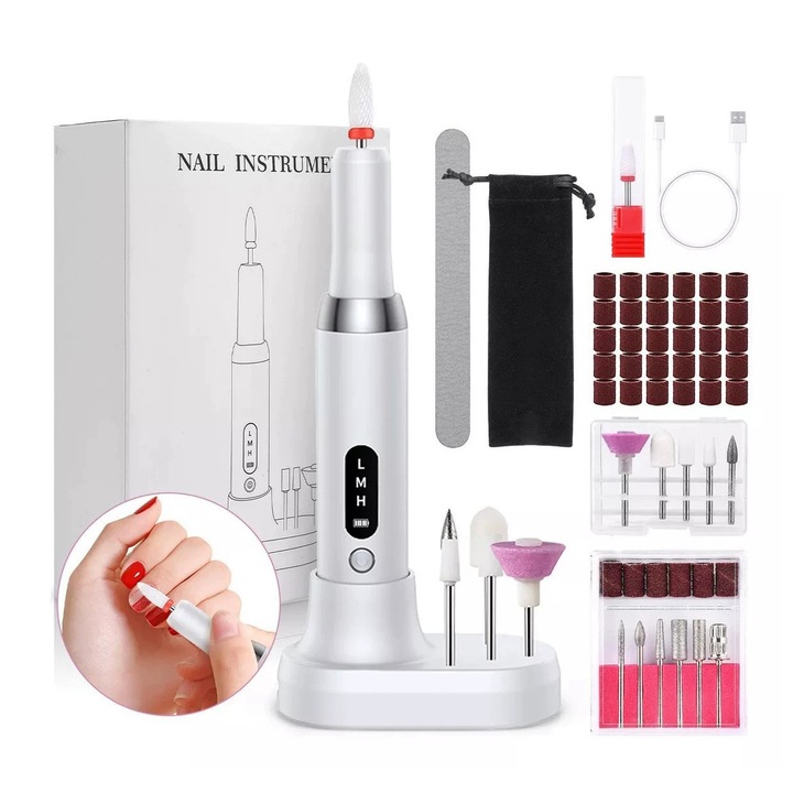 Freza unghii profesionala, pila electrica wireless pentru manichiura-pedichiura, reincarcabila, 15.000 RPM, 12 capete pentru pila, 36 benzi de slefuire, ​1 Sac de panza, ​ design ergonomic, Alb