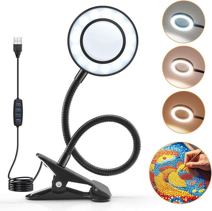 Lupa cu clips 10X, flexibila la 360° cu lumina, 3 culori, pentru birou, studiu, citit, hobby-uri si mestesuguri